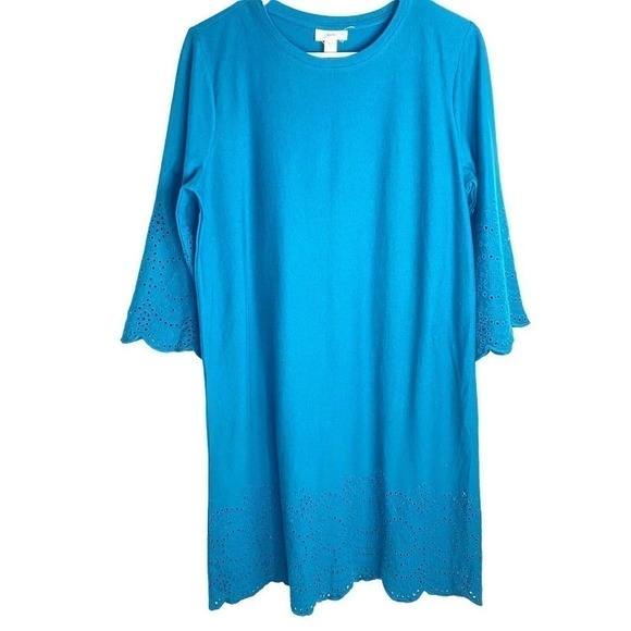 J.Jill Women Shift Dress Small Soft Eyelet Trimmed Bell Sleeve Pacific Small - Picture 2 of 9